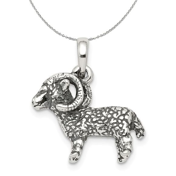 Sterling Silver Aries the Ram Zodiac 3D Antiqued Necklace - 18 Inch